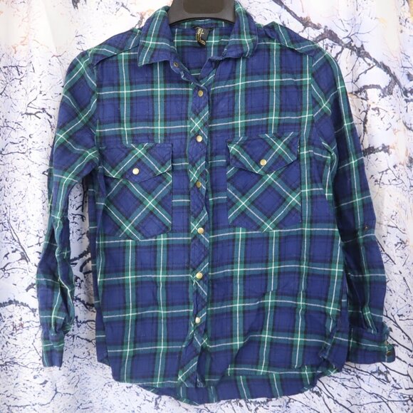 SNAP FRONT FLANNEL S Forever 21 Blue Green Plaid Fall Utility Outdoors Jacket - Picture 2 of 8